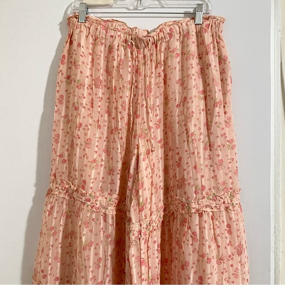New Free Peoplel Emmaline Tiered Floral Wide Leg Pull-On Pants Peach Combo Sz L - Picture 5 of 16